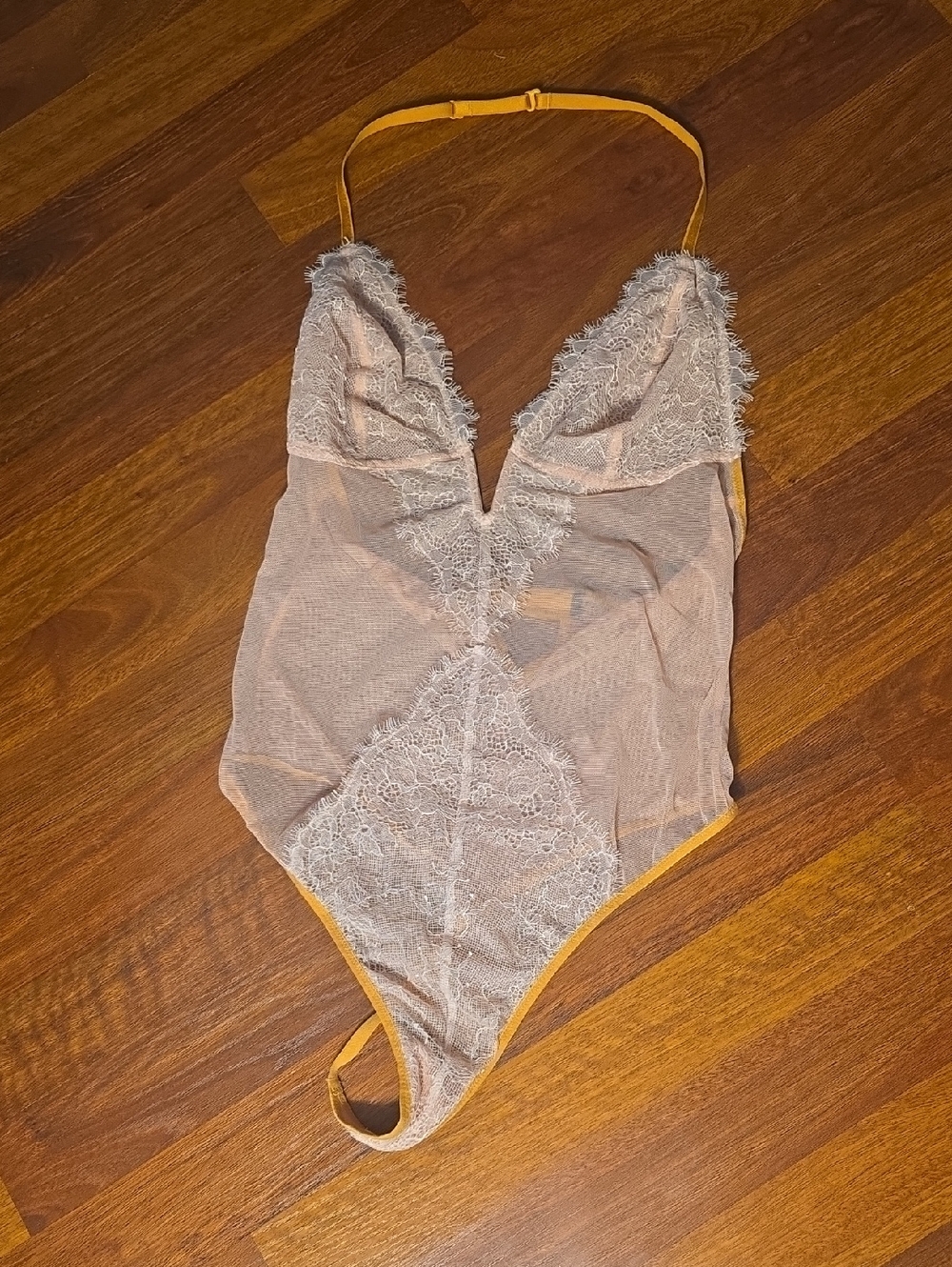 Victoria's Secret Sheer Lace Bodysuit in Blush and Mustard